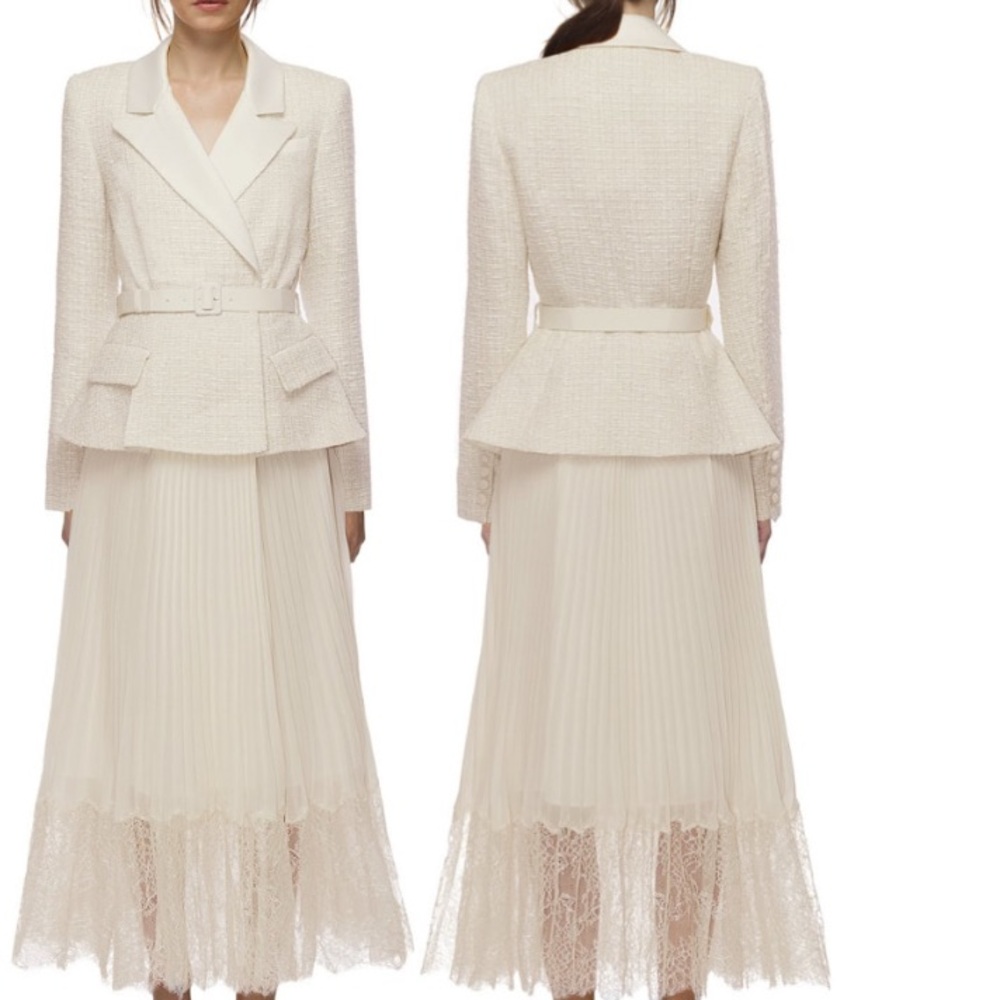 Self-Portrait Tailored Boucle And Chiffon Midi Dress in Cream US size 4